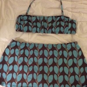 Garnet Hill Teal and Brown Leaf Print Bikini Set
